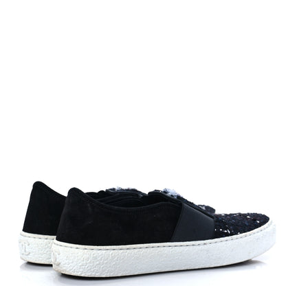 Chanel Suede Calfskin Tweed Womens Slip On Sneakers 36 Black Navy Silver 4 of 9