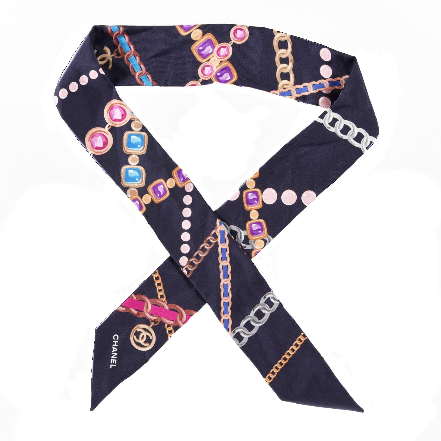 Chanel Silk Pearl CC Chain Slim Bandeau Scarf Navy Blue 1 of 3