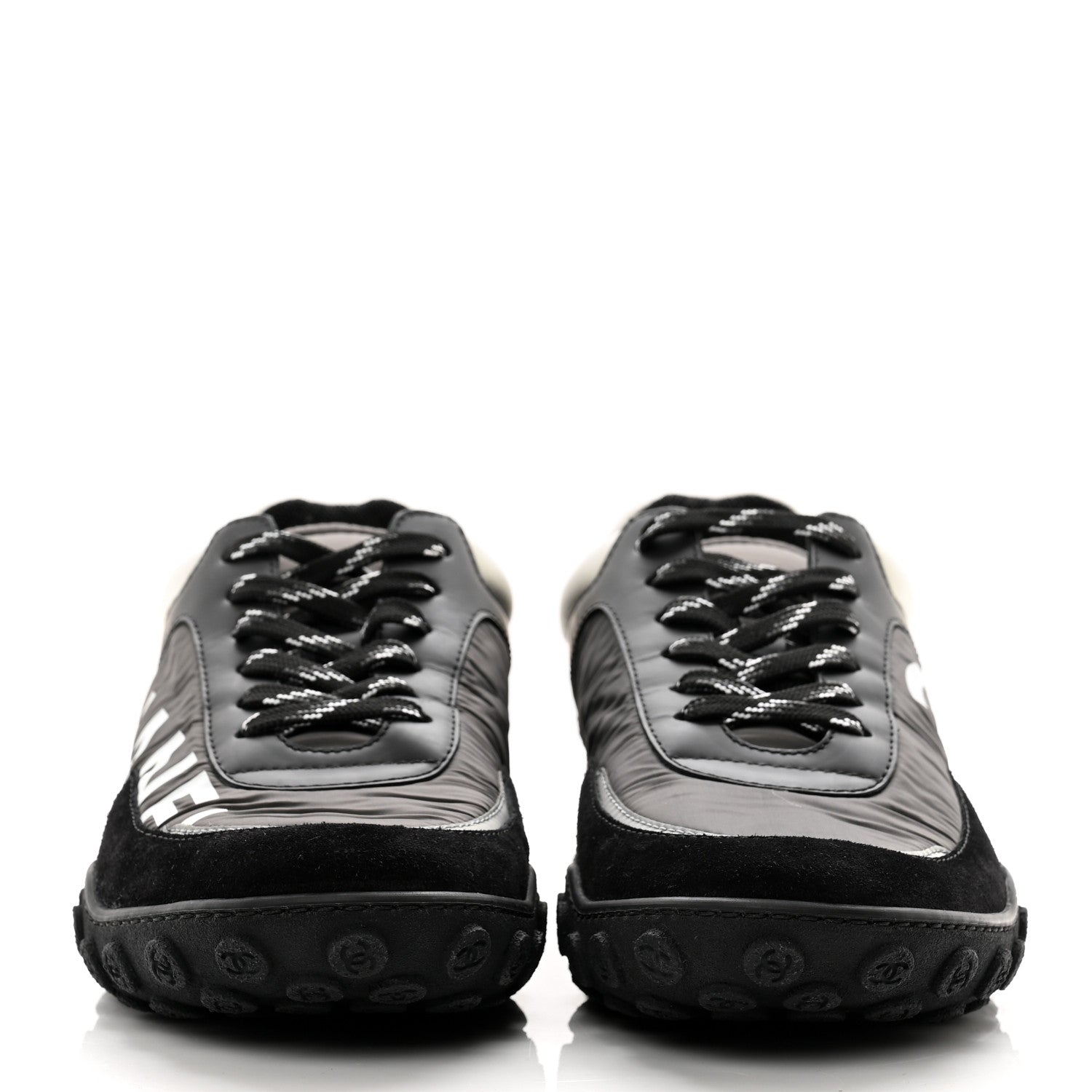 Chanel Nylon Calfskin Suede CC Sneakers 40 Grey Black White 2 of 8
