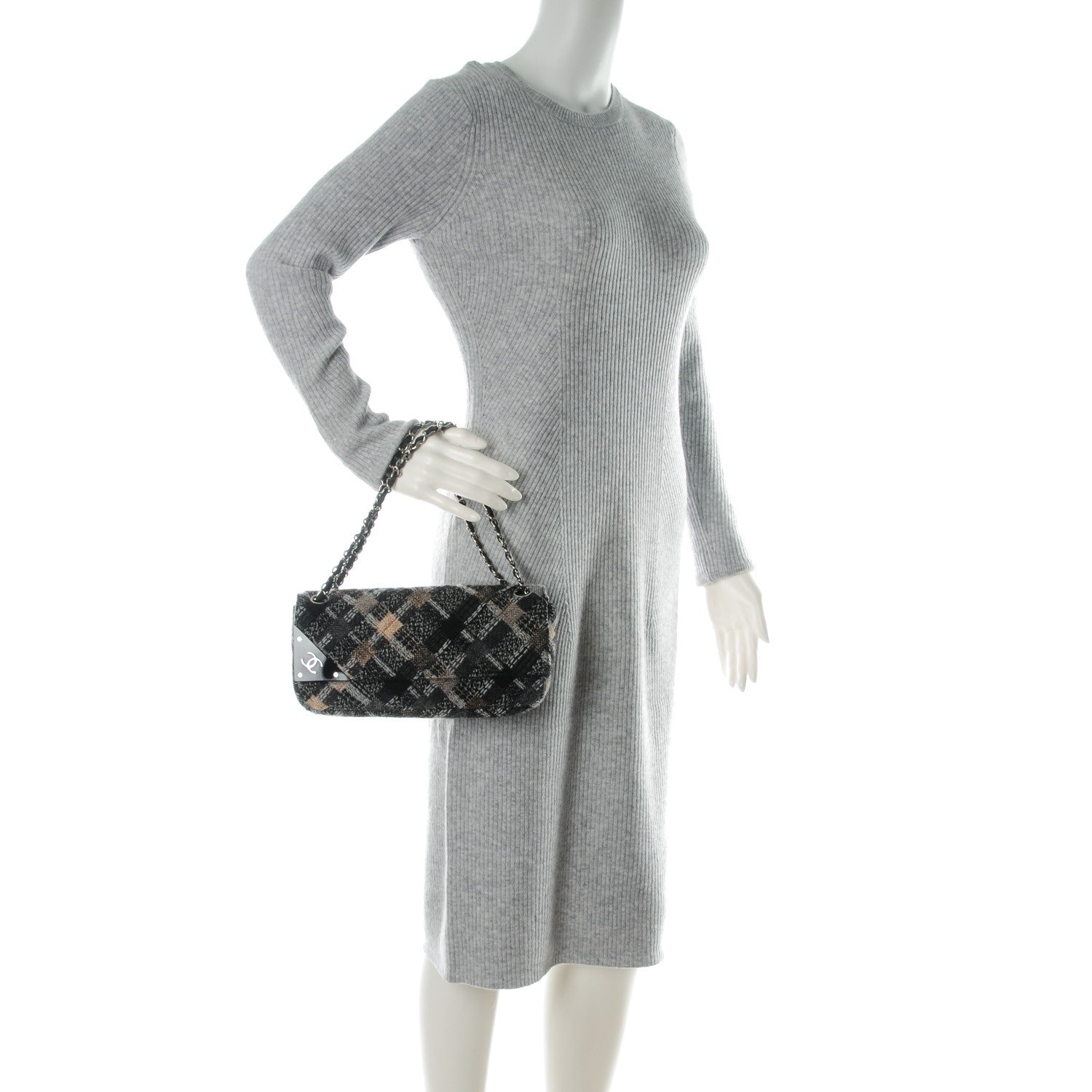 Chanel Woven Tweed Medium Single Flap Black Grey 2 of 8