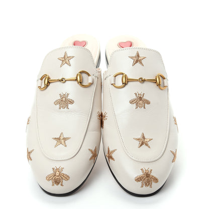 Gucci Goatskin Bee Star Embroidered Womens Princetown Slippers 38 Mystic White 5 of 11