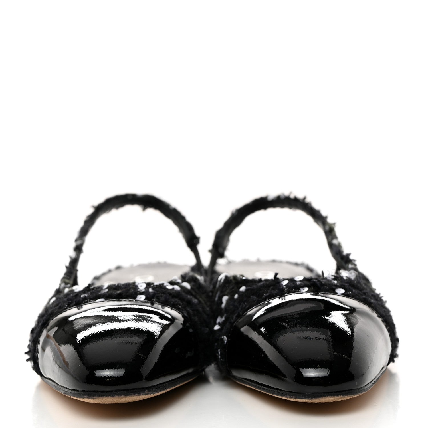 Chanel Tweed Sequin Patent Cap Toe CC Slingback Flats 37 Black 3 of 9