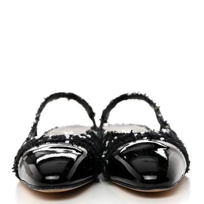 Chanel Tweed Sequin Patent Cap Toe CC Slingback Flats 37 Black 3 of 9
