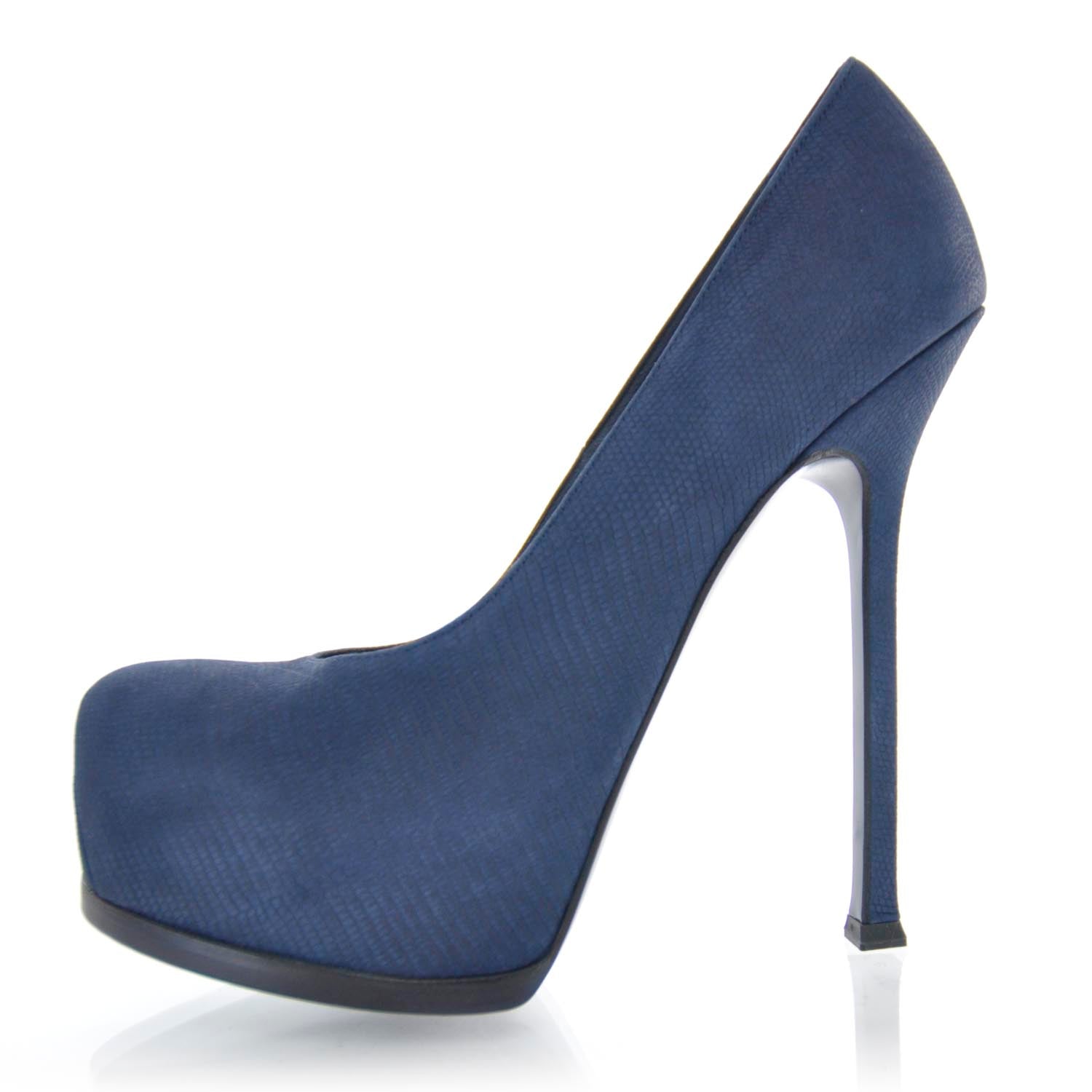Saint Laurent Nubuck Reptile Trib Too Platform Heels 37.5 Navy 1 of 6