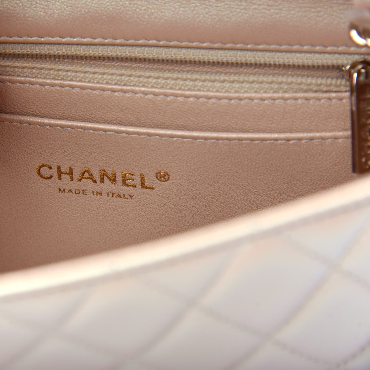 Iridescent Calfskin Quilted Mini Rectangular Flap Beige