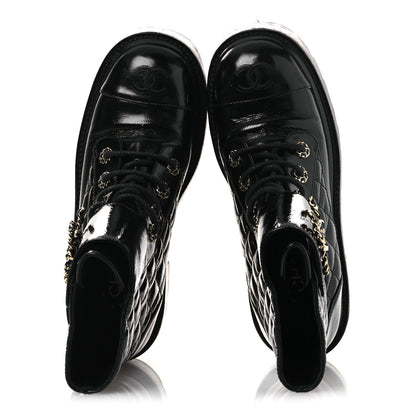 Chanel Shiny Calfskin Quilted Lace Up Combat Boots 37 Black 4 of 28