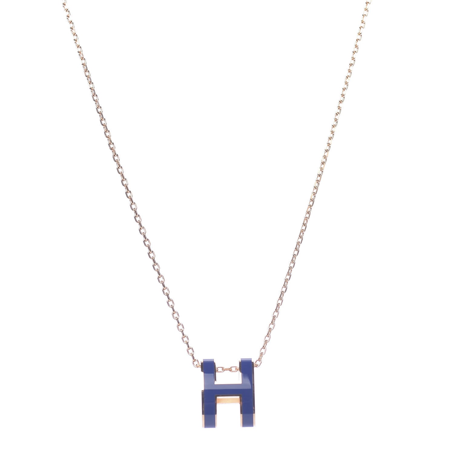 Hermes Lacquered Rose Gold Pop H Pendant Necklace Bleu Royal 1 of 8