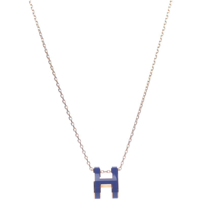 Hermes Lacquered Rose Gold Pop H Pendant Necklace Bleu Royal 1 of 8