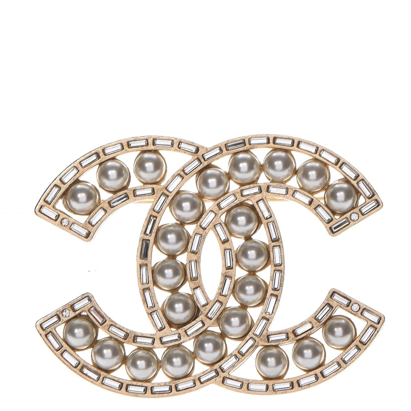 Pearl Crystal Baguette CC Brooch Gold