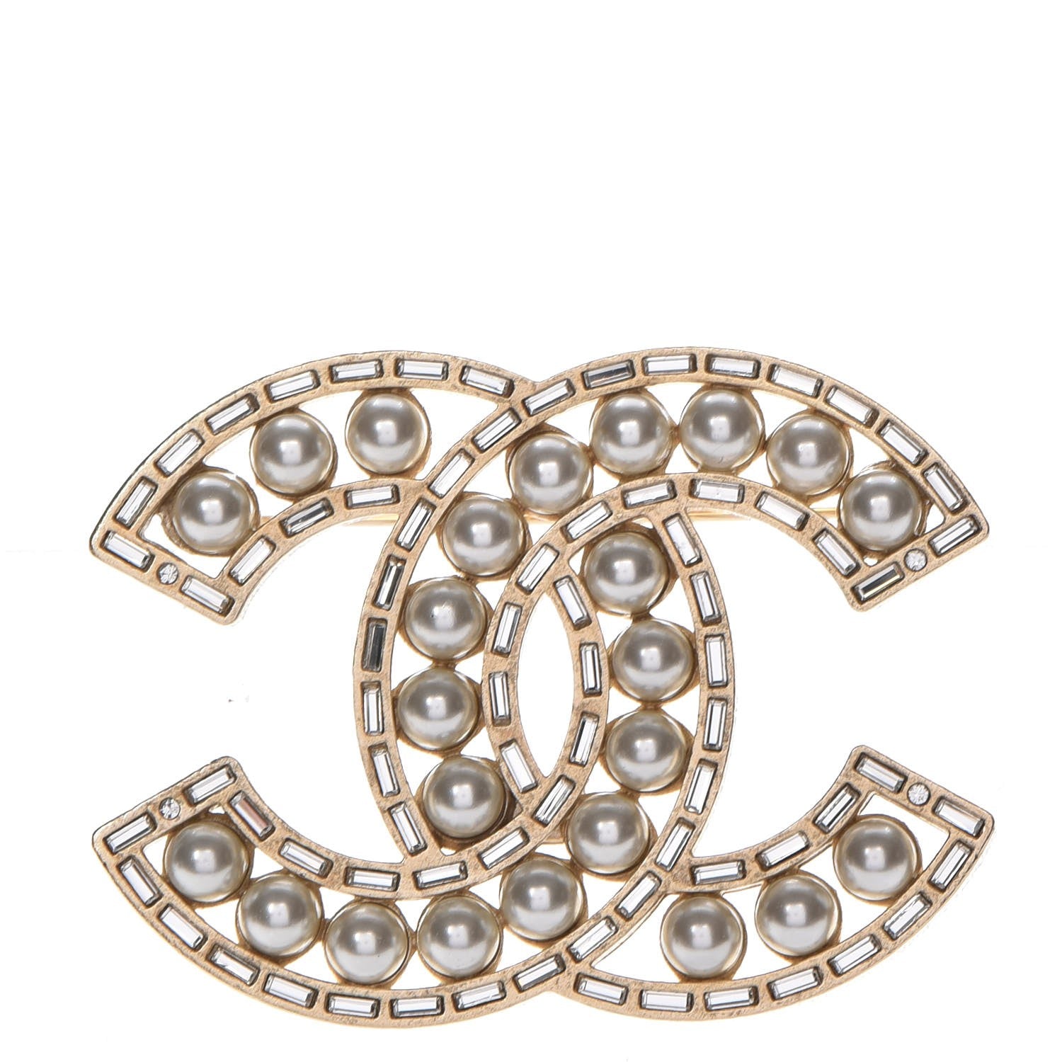 Chanel Pearl Crystal Baguette CC Brooch Gold 1 of 5