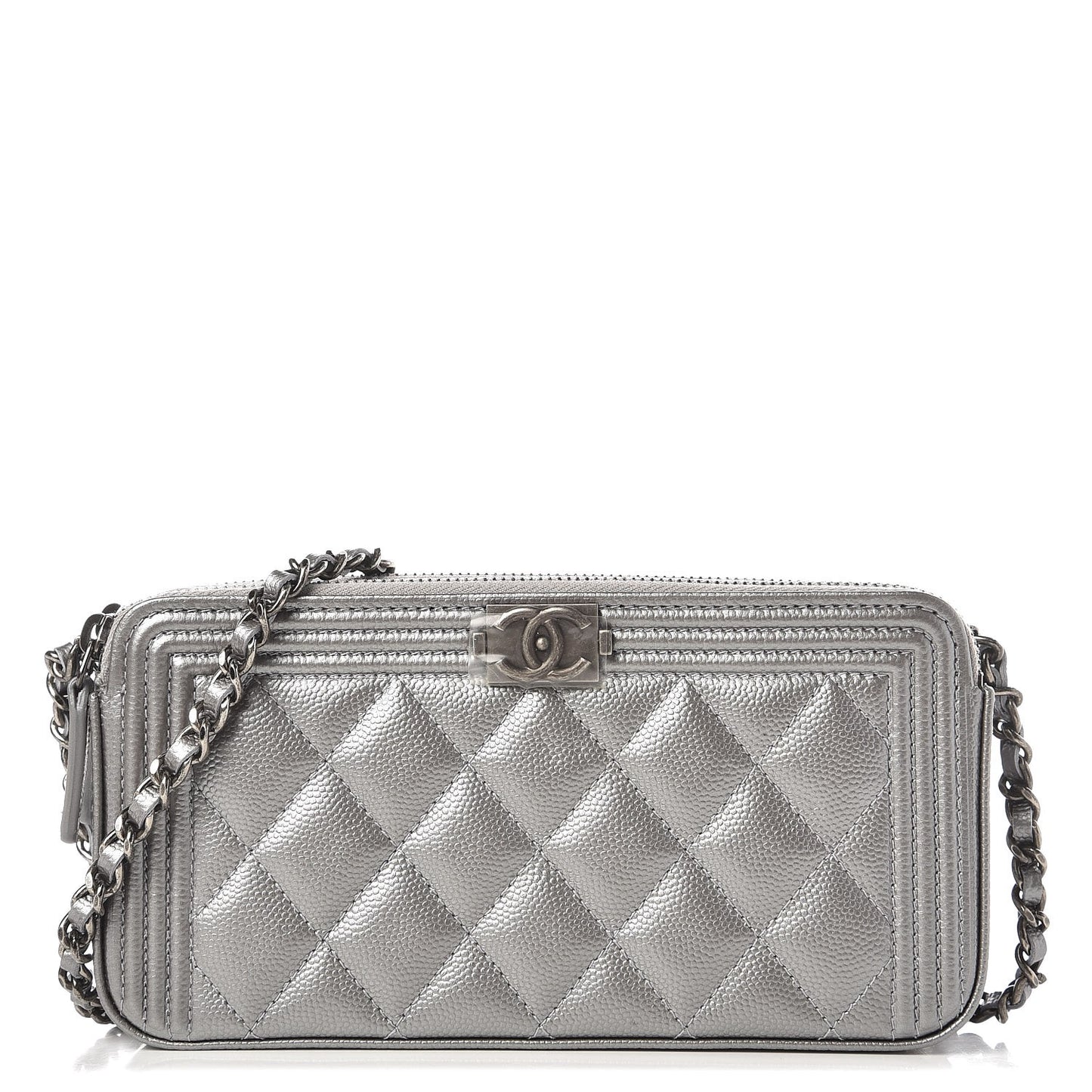 Metallic Caviar Quilted Small Boy Clutch With Chain Silver