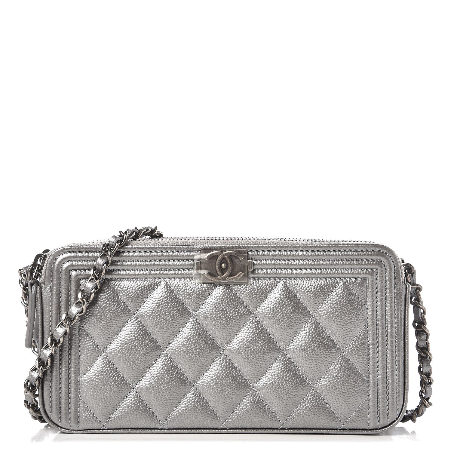 Chanel Metallic Caviar Quilted Small Boy Clutch With Chain Silver 1 of 9