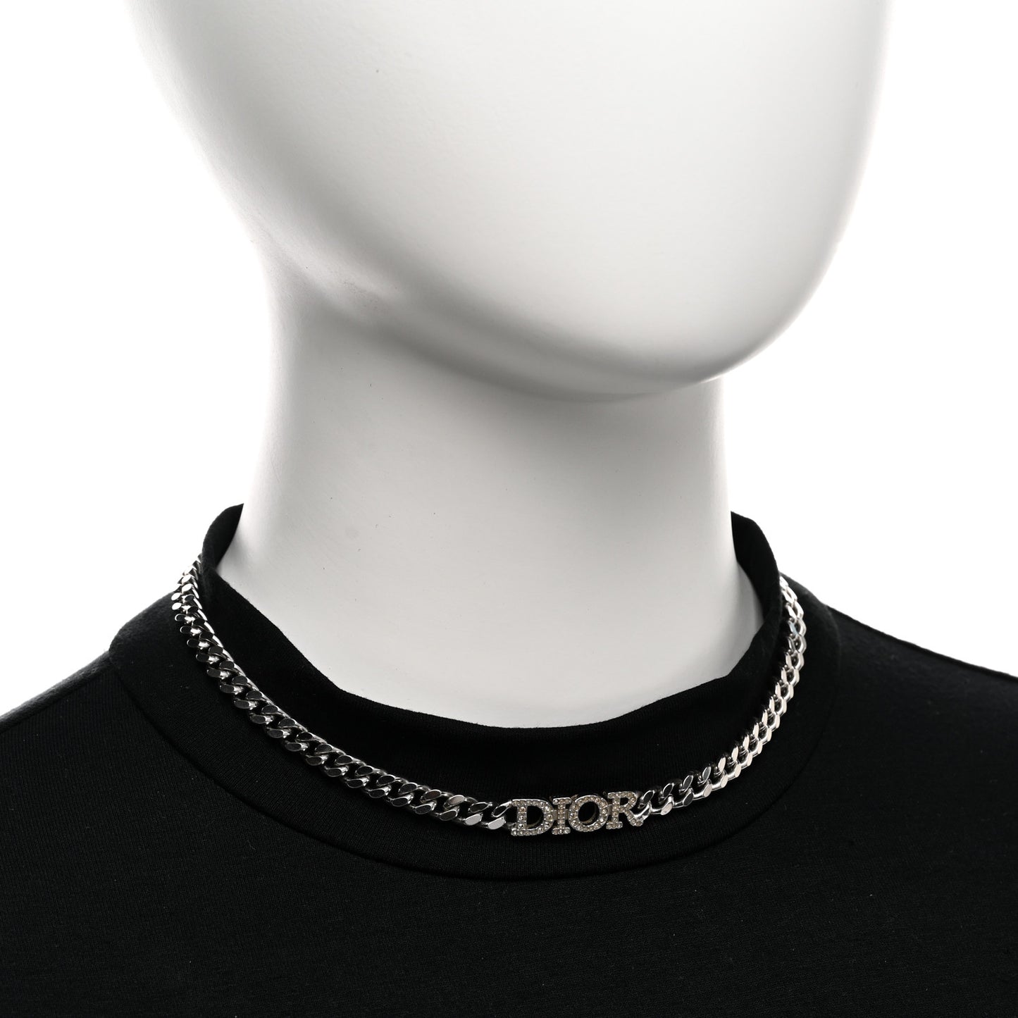 Metal Crystal Logo Chain Link Necklace Silver