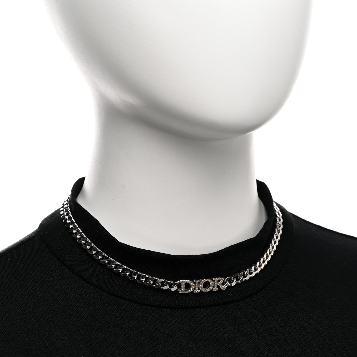 Christian Dior Metal Crystal Logo Chain Link Necklace Silver 2 of 5