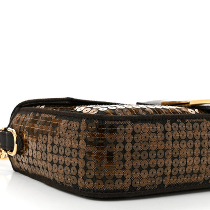 Fendi Fabric Jacquard Paillettes Vitello Seta FF 1974 Baguette Testa di Moro Real Ebano 9 of 11