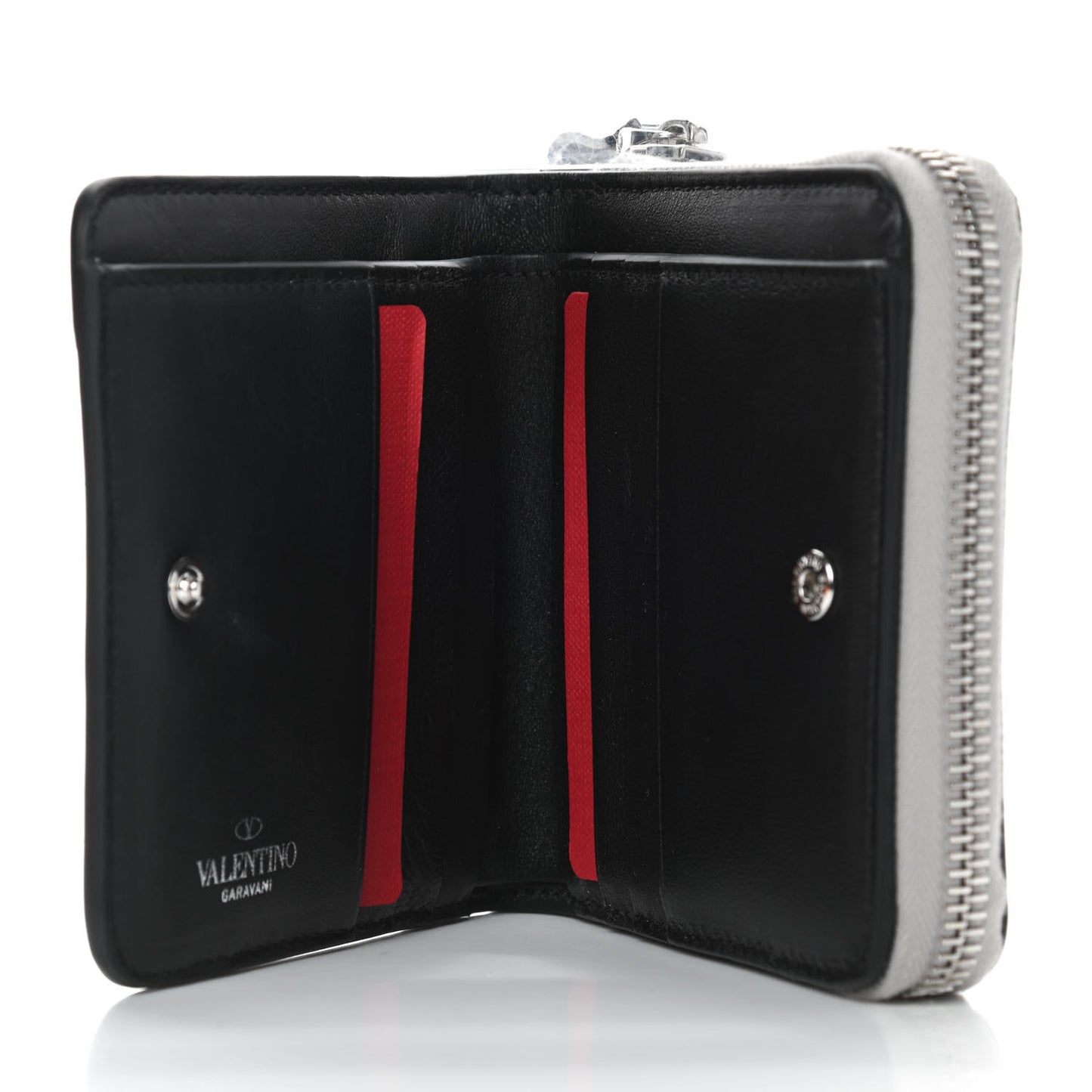 Metallic Patent Rockstud Spike Compact Zip Around Wallet Silver
