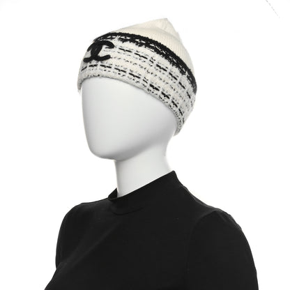 Chanel Wool Cashmere Stitched CC Beanie Hat Ivory Black 2 of 5