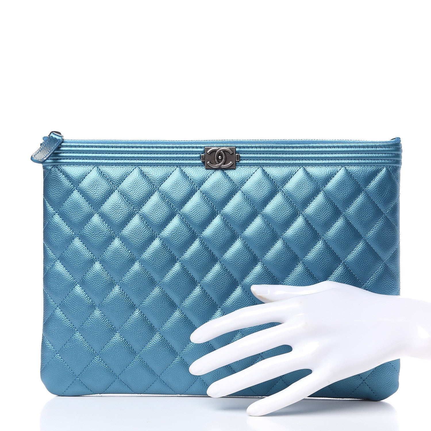 Chanel Metallic Caviar Quilted Medium Boy Cosmetic Case Turquoise 2 of 7