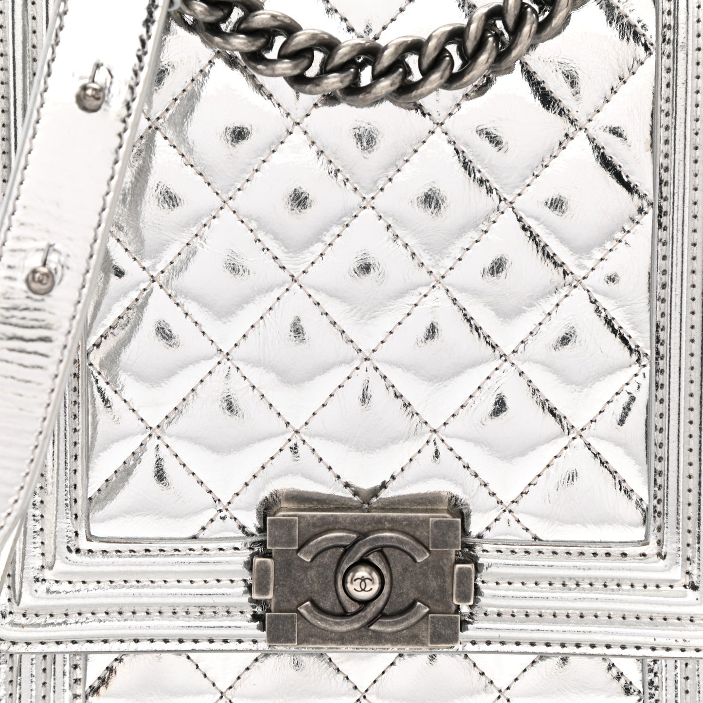 Metallic Goatskin Quilted North South Boy Flap Silver
