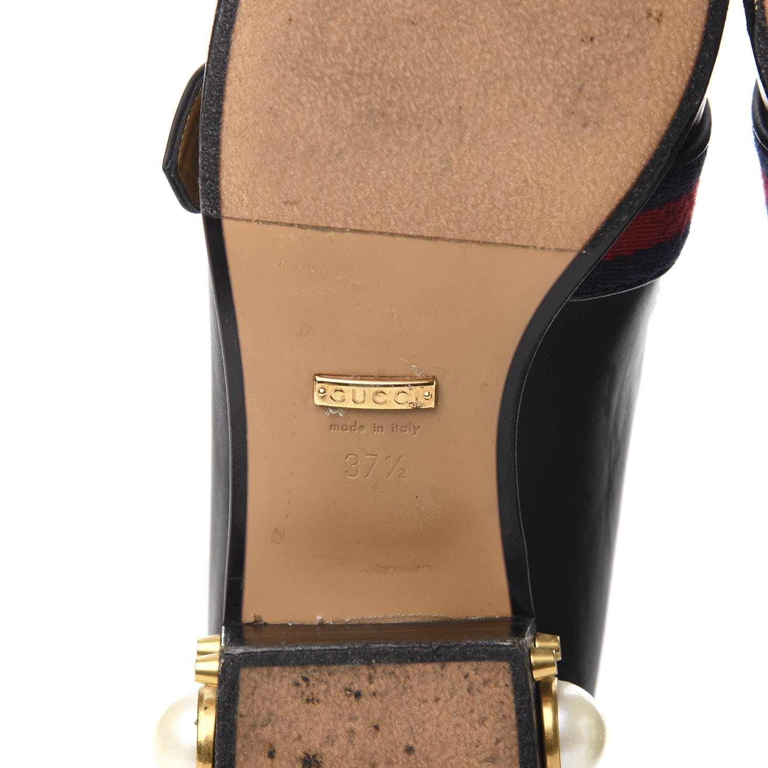 Gucci Betis Glamour Calfskin Web Pearl Embellished Peyton 35mm Loafer Pumps 37.5 Black 6 of 8