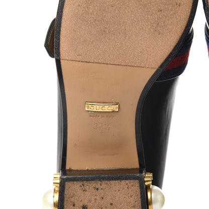 Gucci Betis Glamour Calfskin Web Pearl Embellished Peyton 35mm Loafer Pumps 37.5 Black 6 of 8