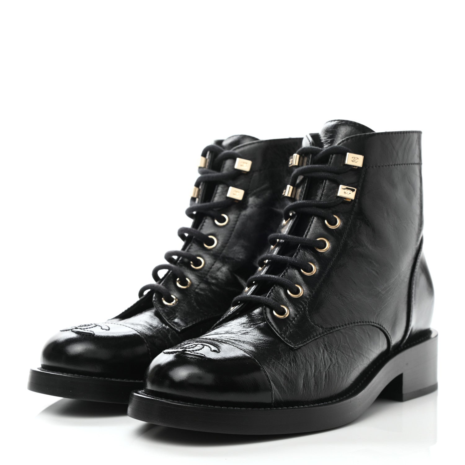 Chanel Crumpled Lambskin Shiny Calfskin Lace Up Combat Boots 36 Black 3 of 10