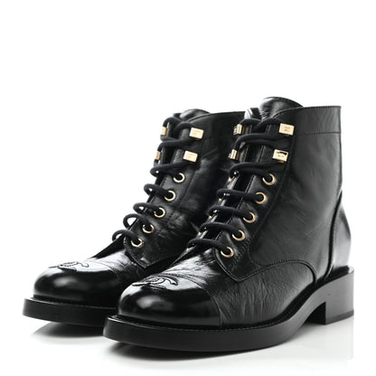 Chanel Crumpled Lambskin Shiny Calfskin Lace Up Combat Boots 36 Black 3 of 10