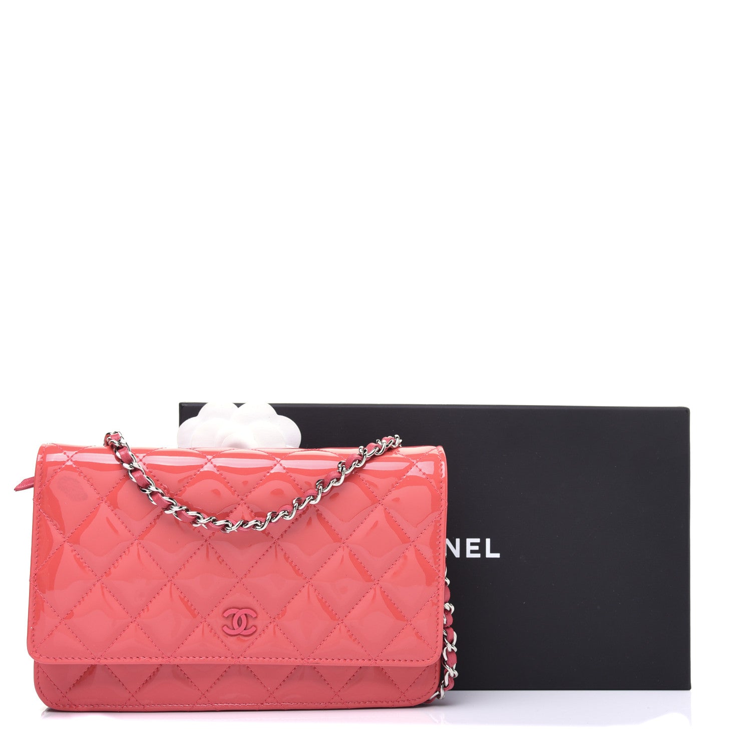 Chanel Patent Quilted Wallet On Chain WOC Coral 16 of 16