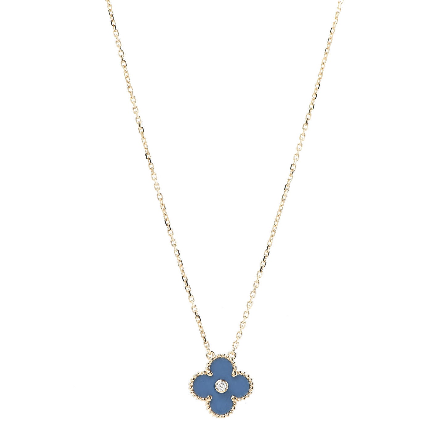18K Yellow Gold Diamond Celestial Blue Sevres Porcelain Vintage Alhambra Pendant Necklace