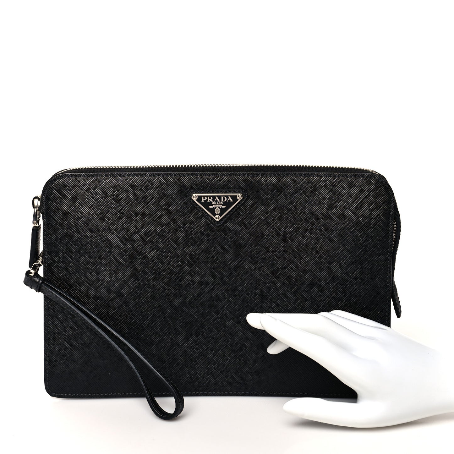 Saffiano Travel Metal Triangle Logo Slip Handle Wristlet Pouch Black