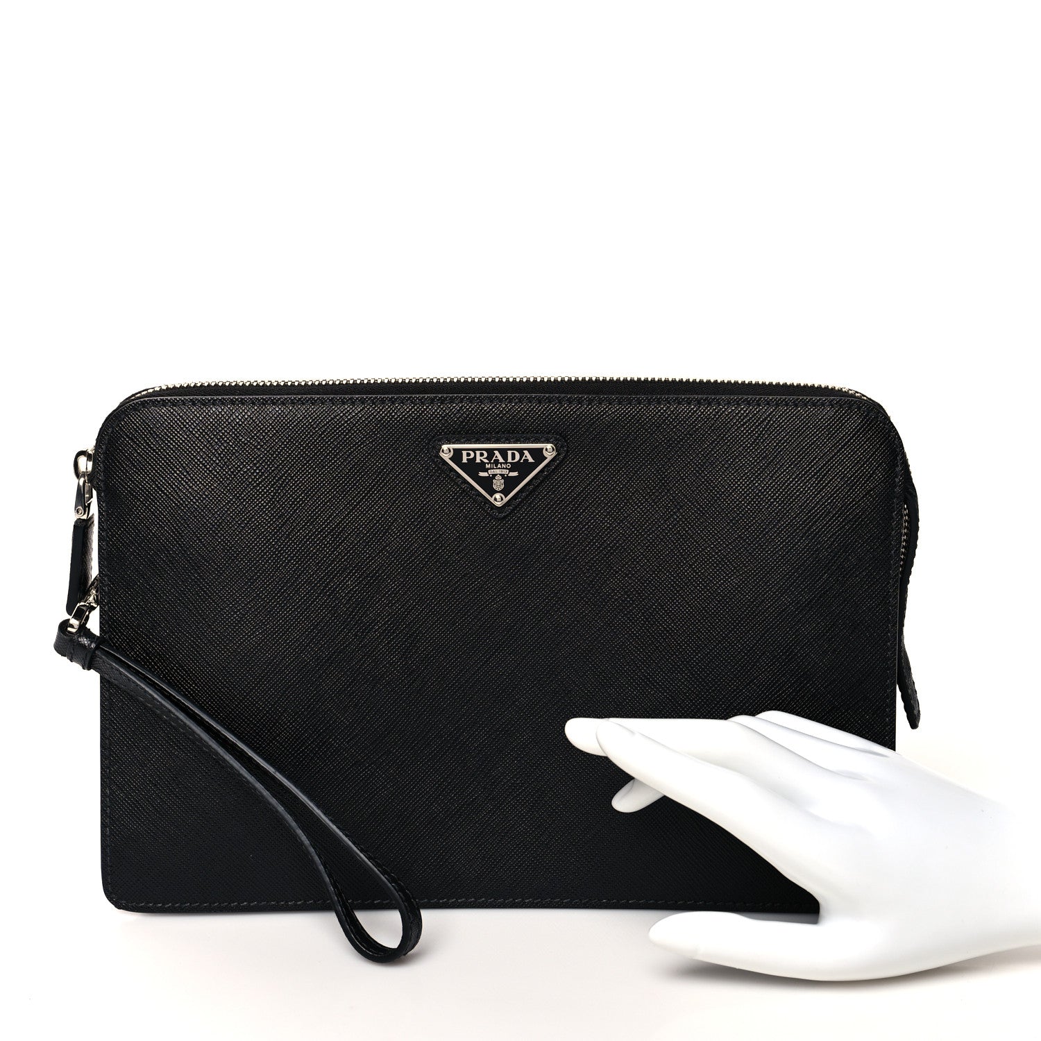 Prada Saffiano Travel Metal Triangle Logo Slip Handle Wristlet Pouch Black 2 of 6