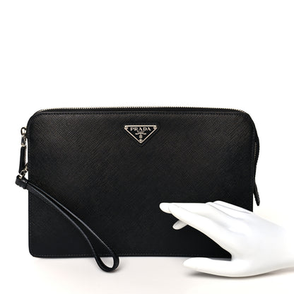 Prada Saffiano Travel Metal Triangle Logo Slip Handle Wristlet Pouch Black 2 of 6