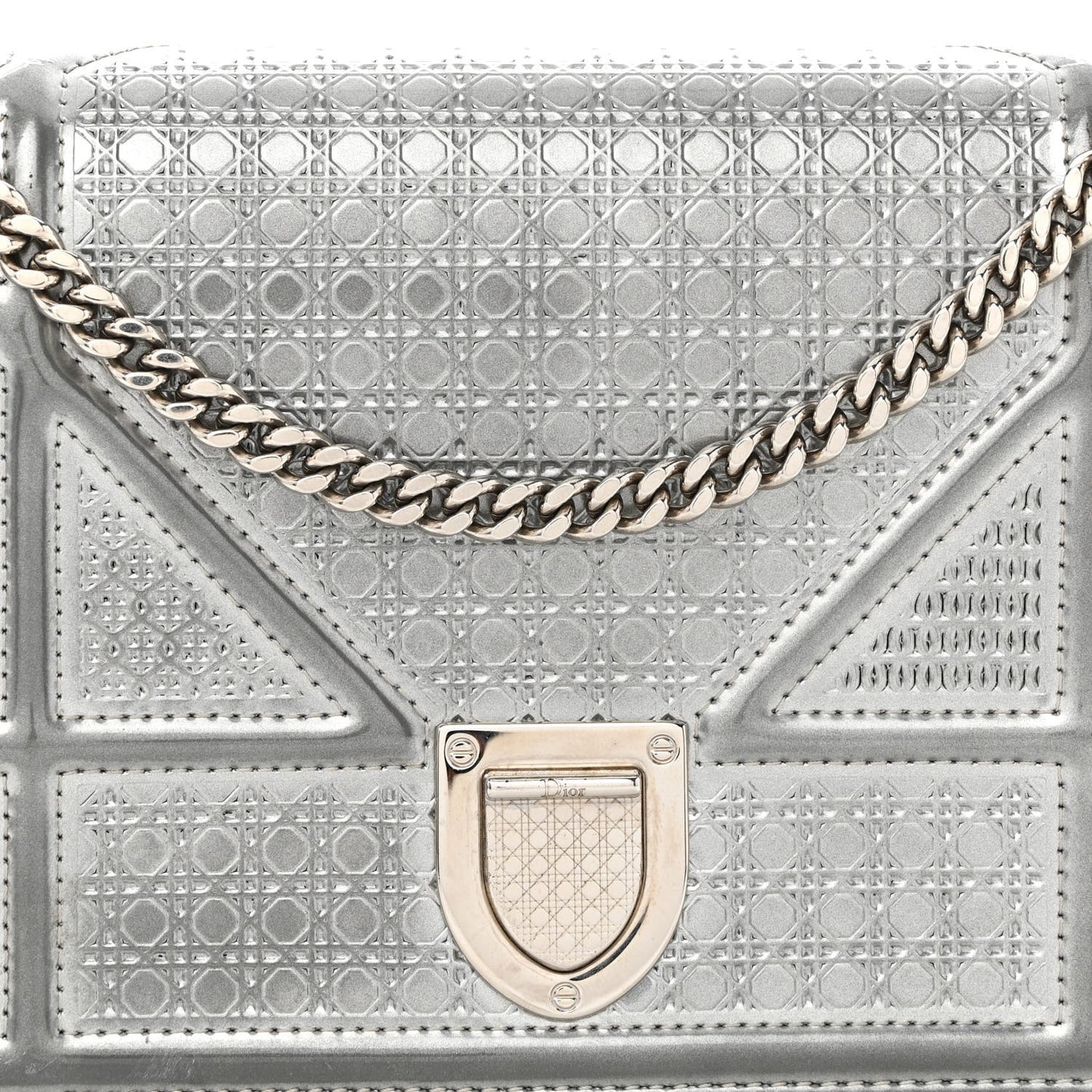 Metallic Patent Micro-Cannage Diorama Wallet on Chain Pouch Silver