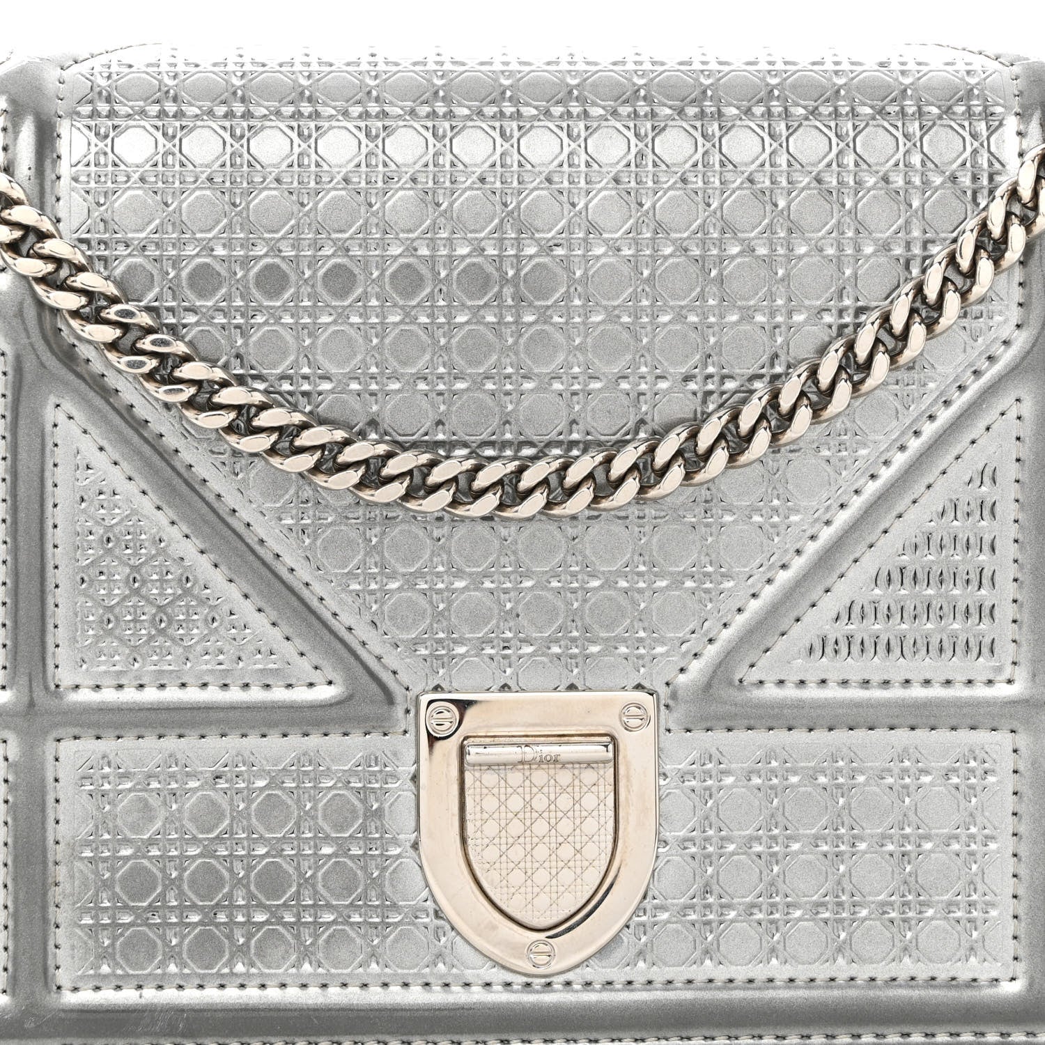 Christian Dior Metallic Patent Micro-Cannage Diorama Wallet on Chain Pouch Silver 7 of 10