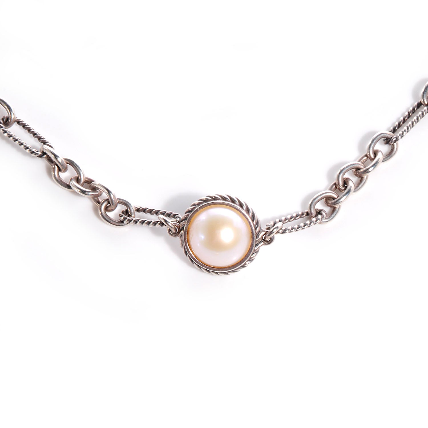 David Yurman Sterling Silver Pearl Cable Figaro Chain Necklace 5 of 6