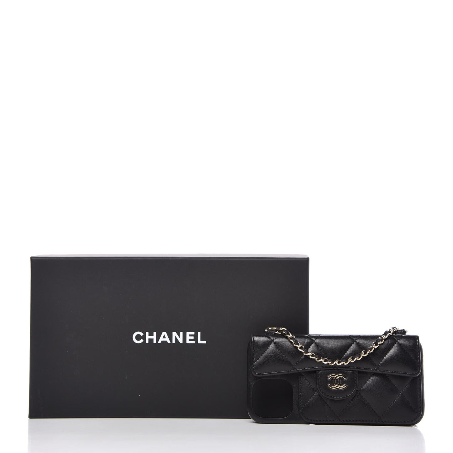 Lambskin Quilted iPhone XII Pro Holder With Chain Black
