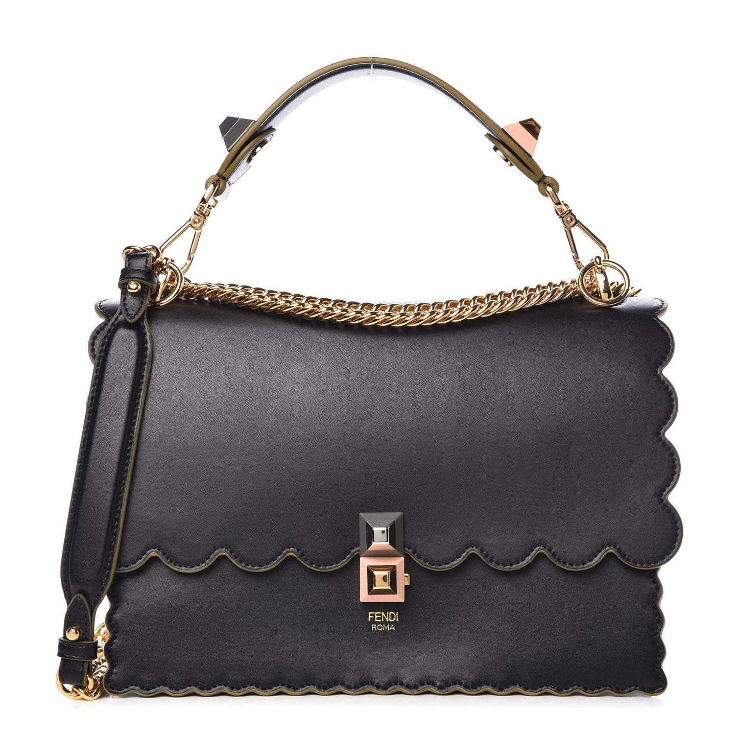 Vitello Liberty Scalloped Studded Kan I Shoulder Bag Black