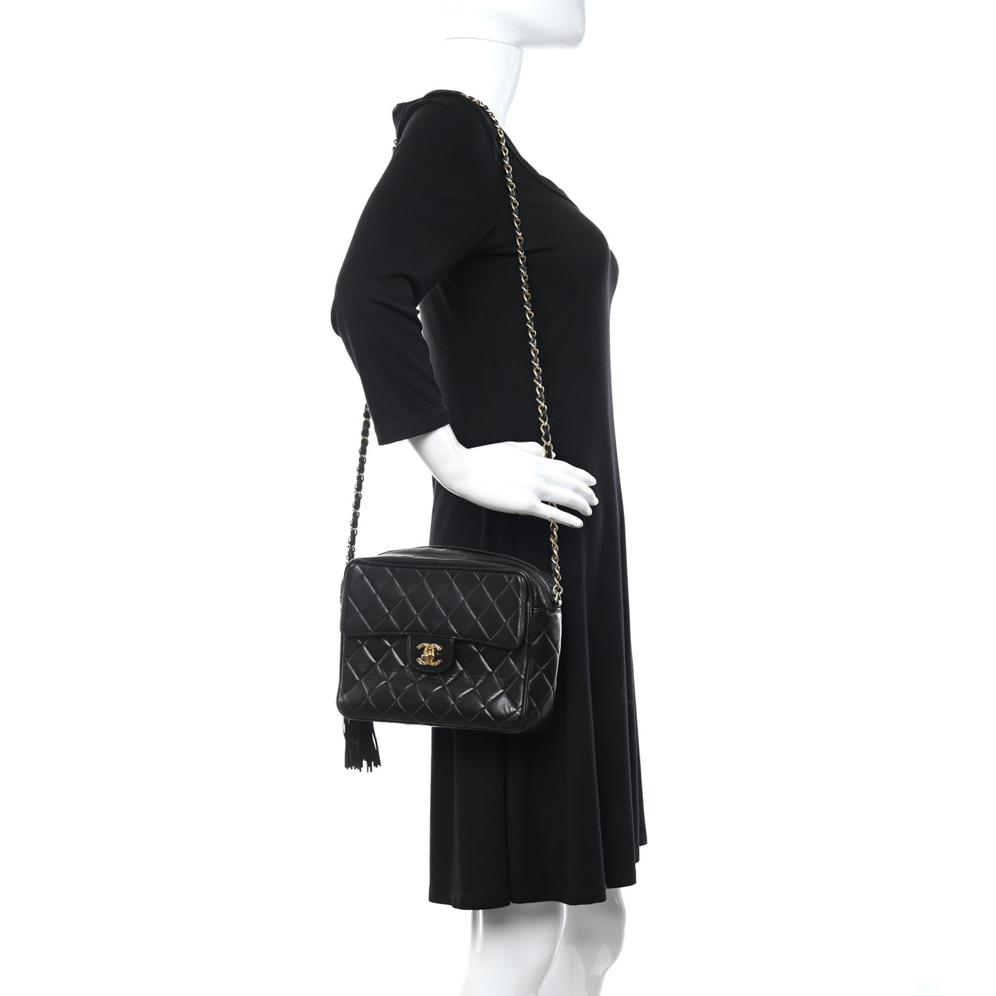 Lambskin Quilted Tassel Flap Camera Case Black