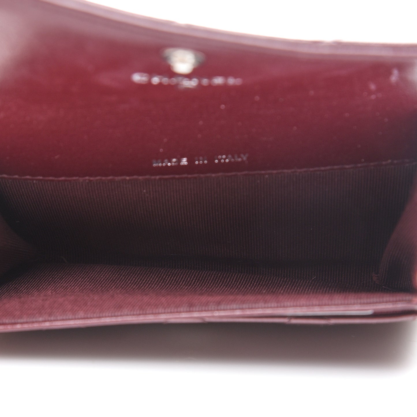 Striated Patent Quilted Flap Card Holder Burgundy