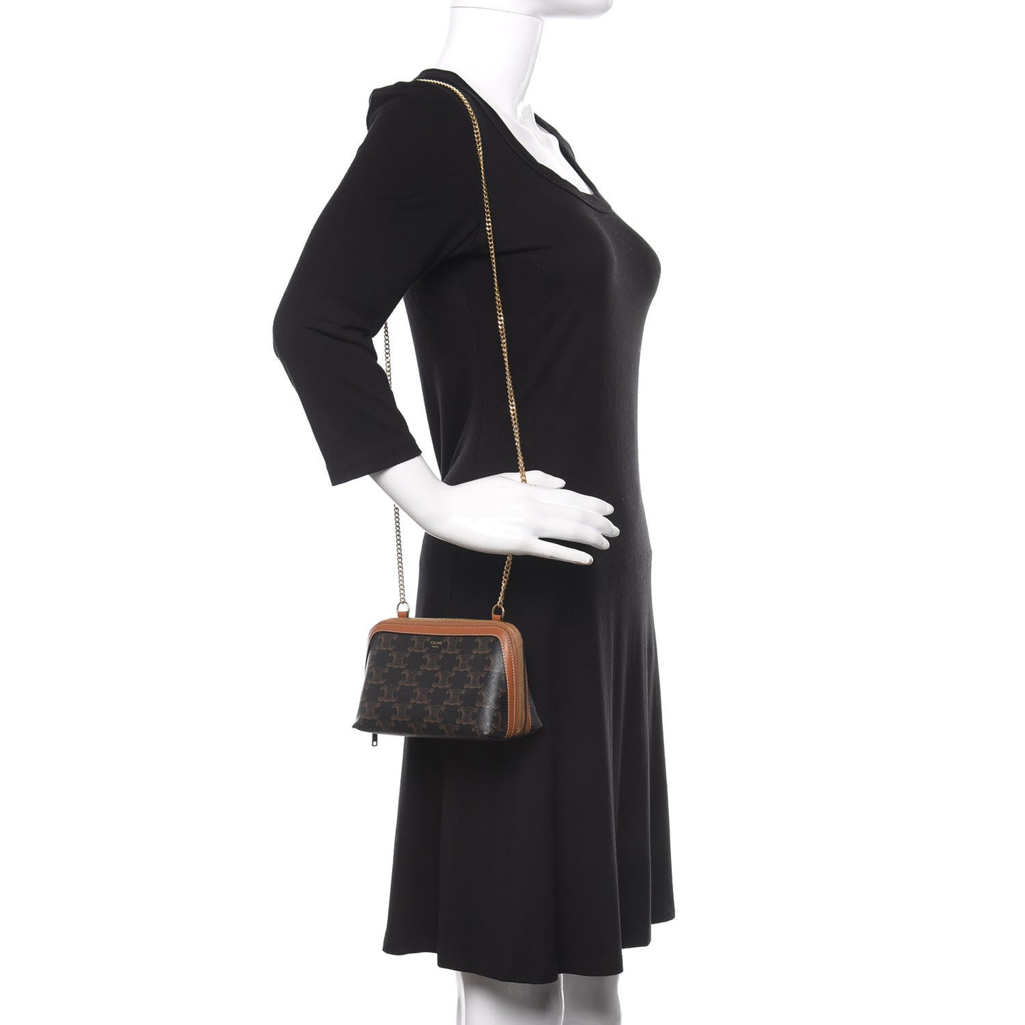 Triomphe Canvas Calfskin Mini Clutch on Chain Tan