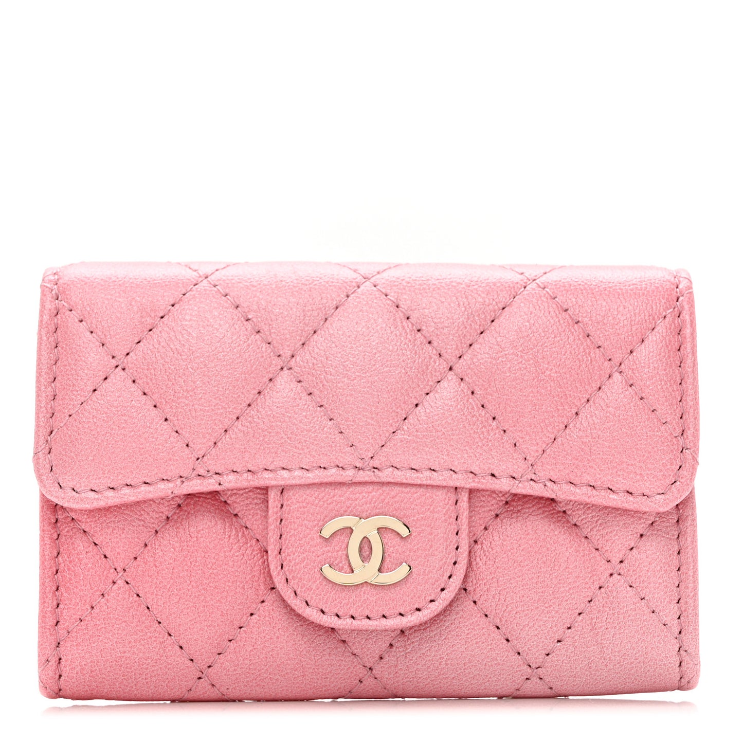 Cloudy Pearly Goatskin Quilted Flap Card Holder Wallet Light Pink