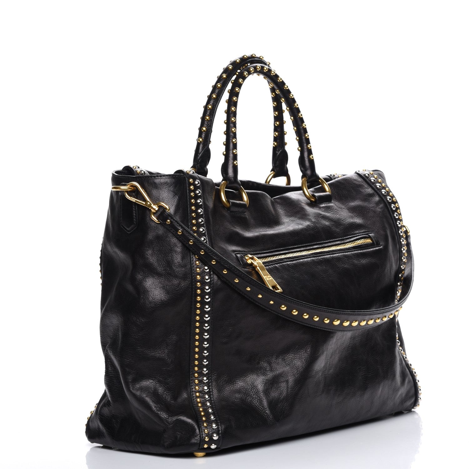 Prada Glace Calf Studded Tote Nero Black 5 of 10