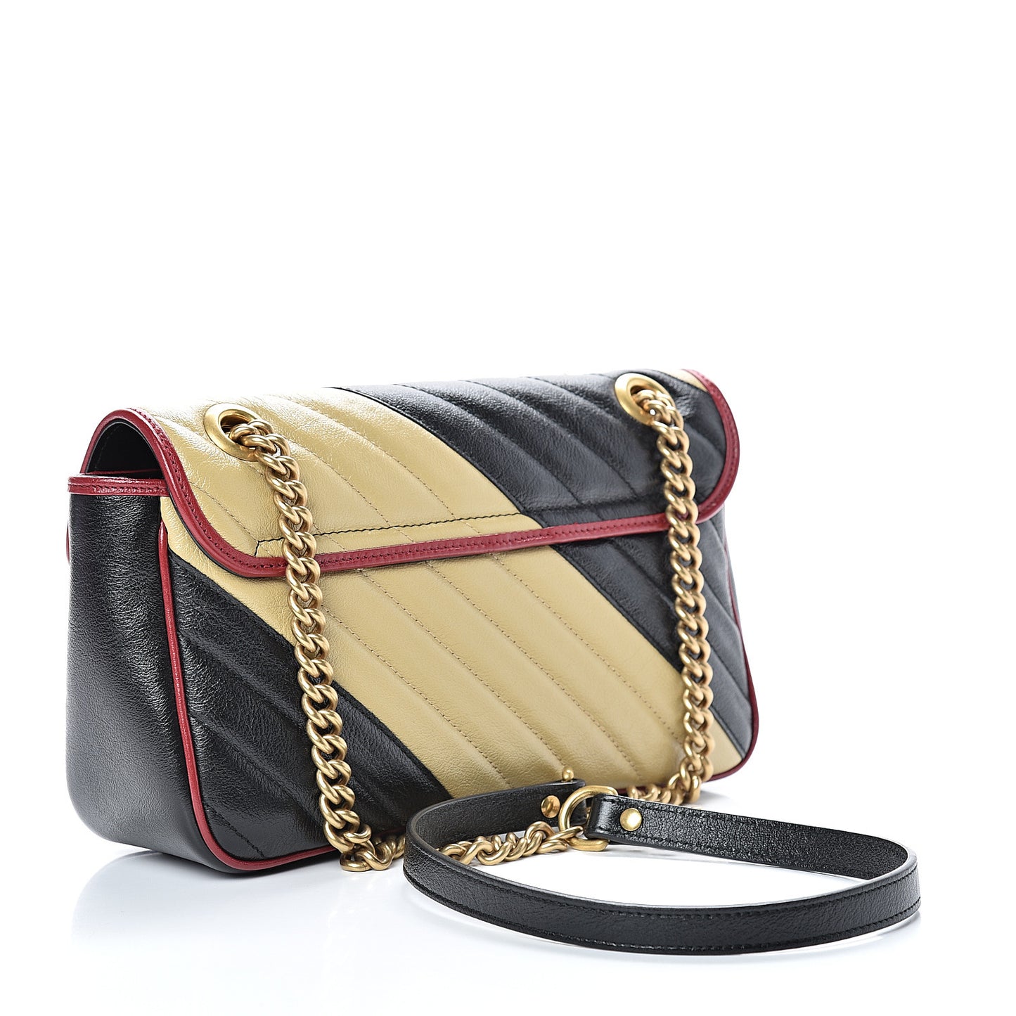 Vintage Effect Calfskin Matelasse Diagonal Striped Small Torchon GG Marmont Shoulder Bag Black Beige