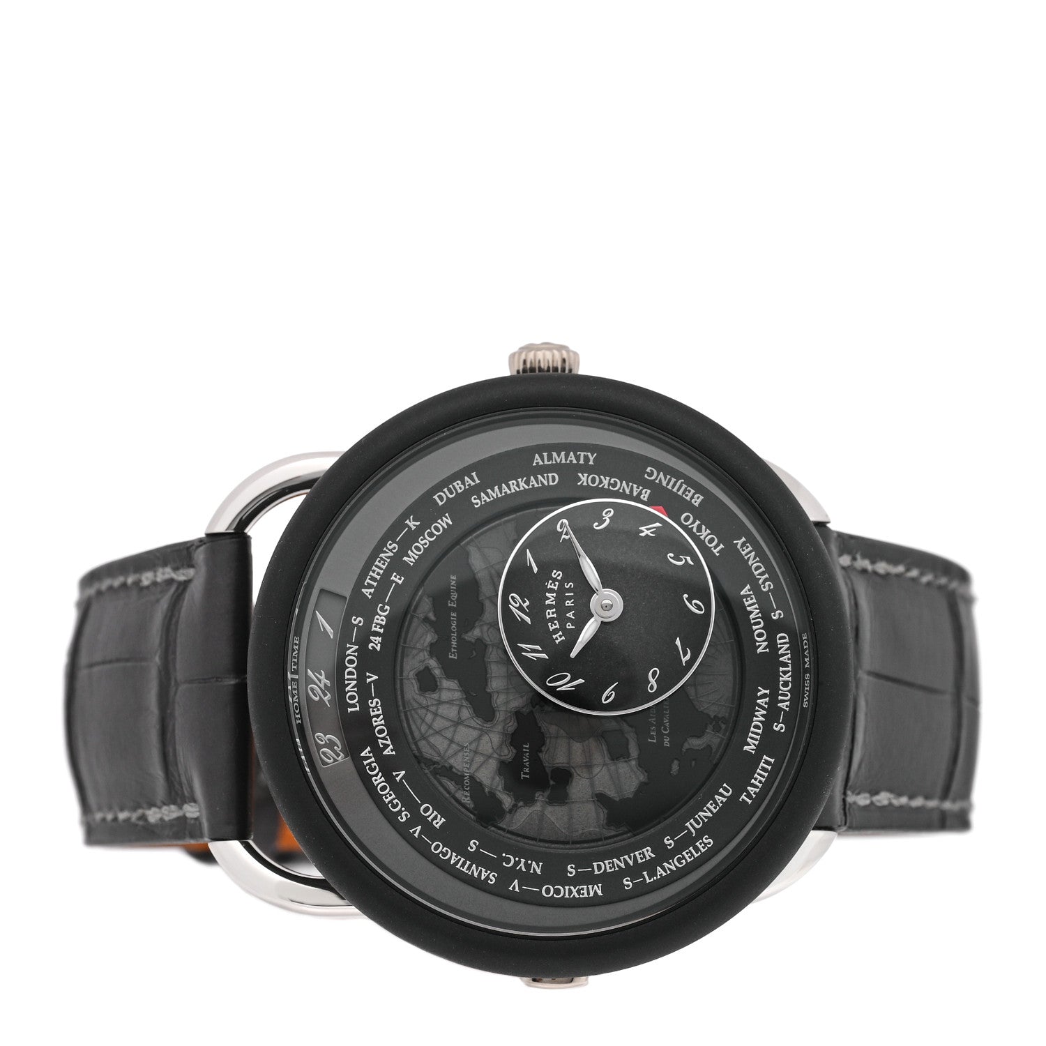 Hermes Platinum Titanium Alligator 43mm Arceau Le Temps Voyageur Automatic Watch Noir 2 of 5