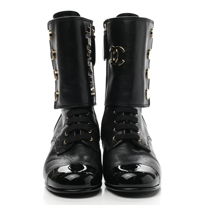 Chanel Calfskin Patent Cap Toe CC Lace Up Boots 35 Black 2 of 9