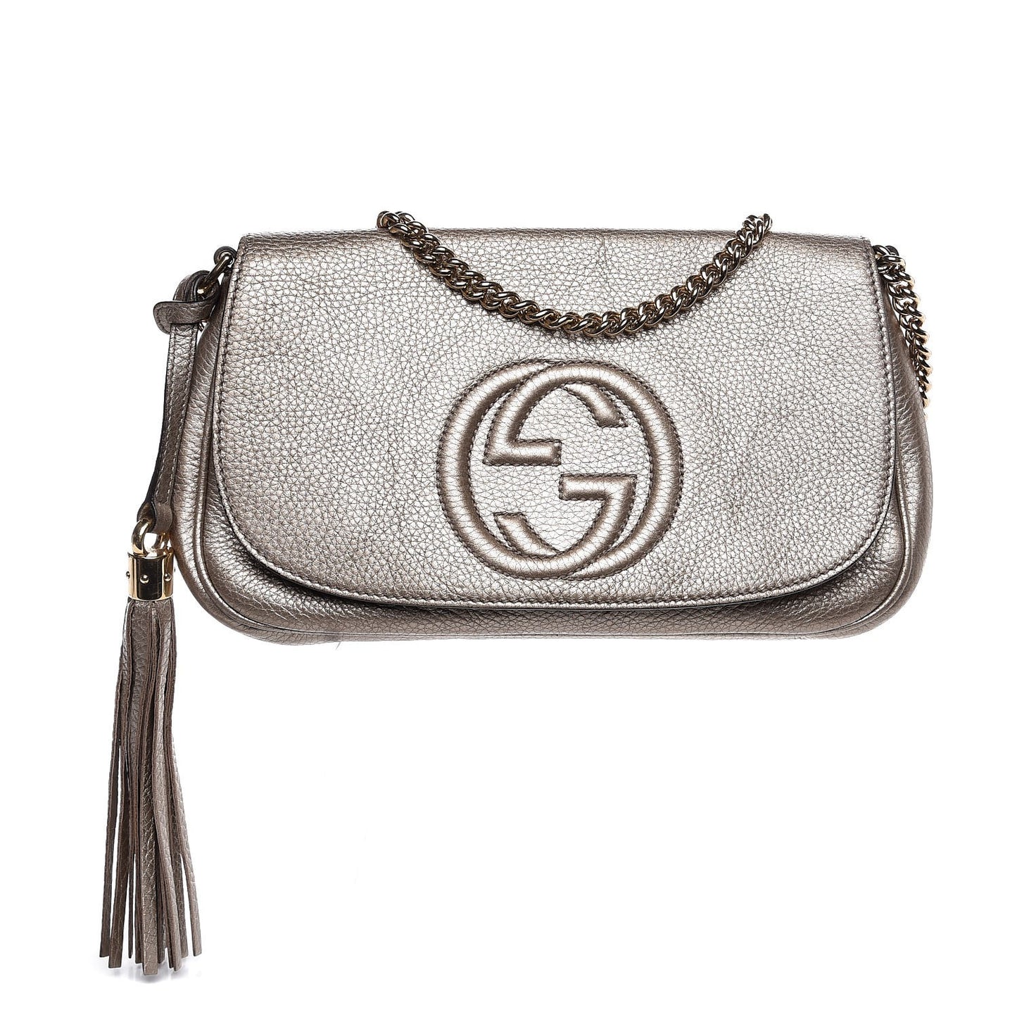 Metallic Pebbled Calfskin Medium Soho Flap Crossbody Golden Beige