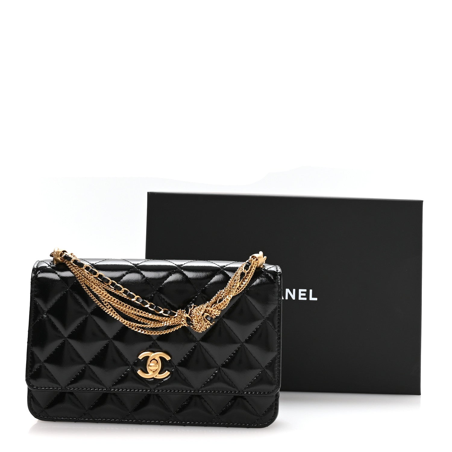 Chanel Shiny Crumpled Calfskin Quilted Precious Tie Wallet On Chain WOC Black 12 of 12