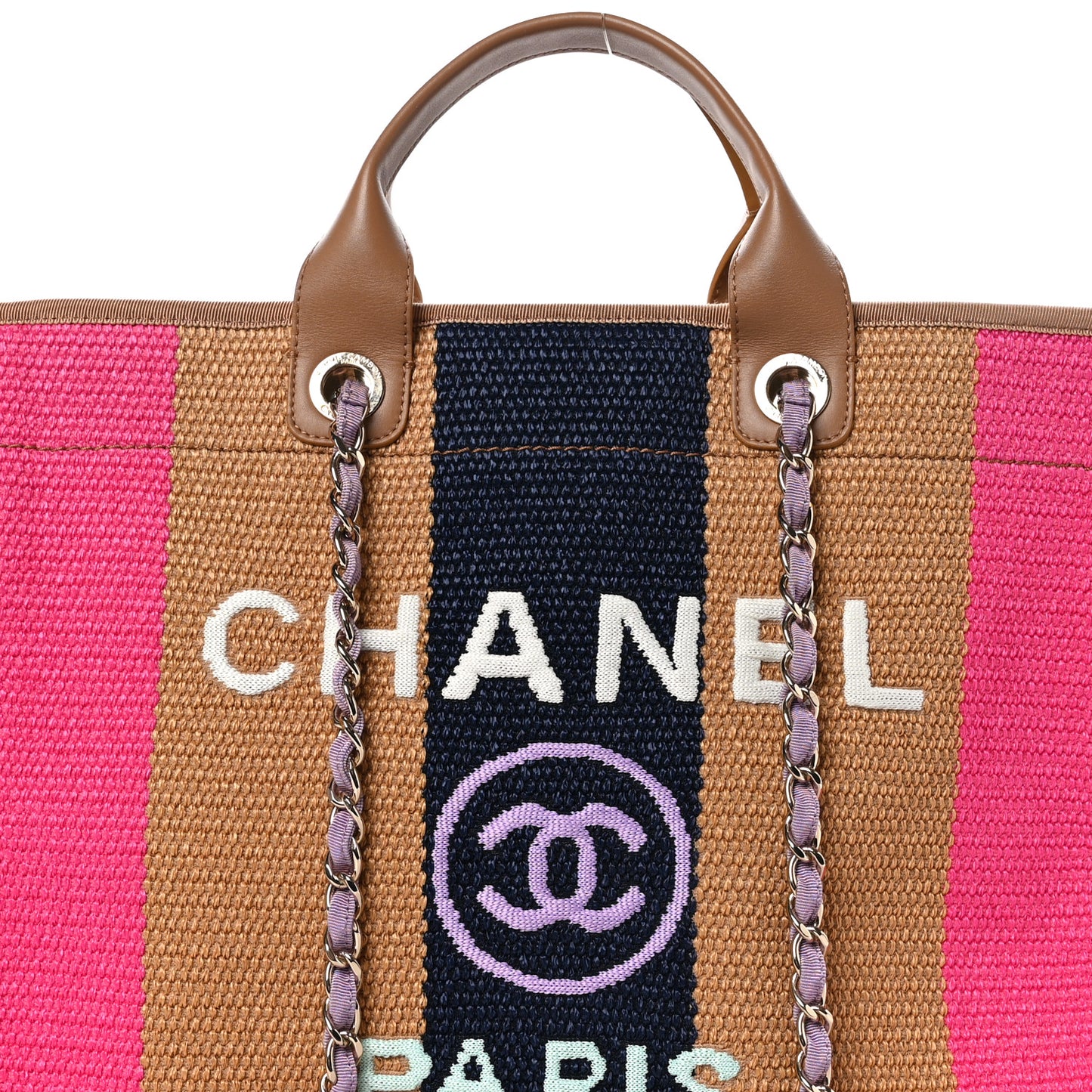 Straw Raffia Calfskin Striped Large Deauville Tote Dark Beige Fuchsia Navy Blue