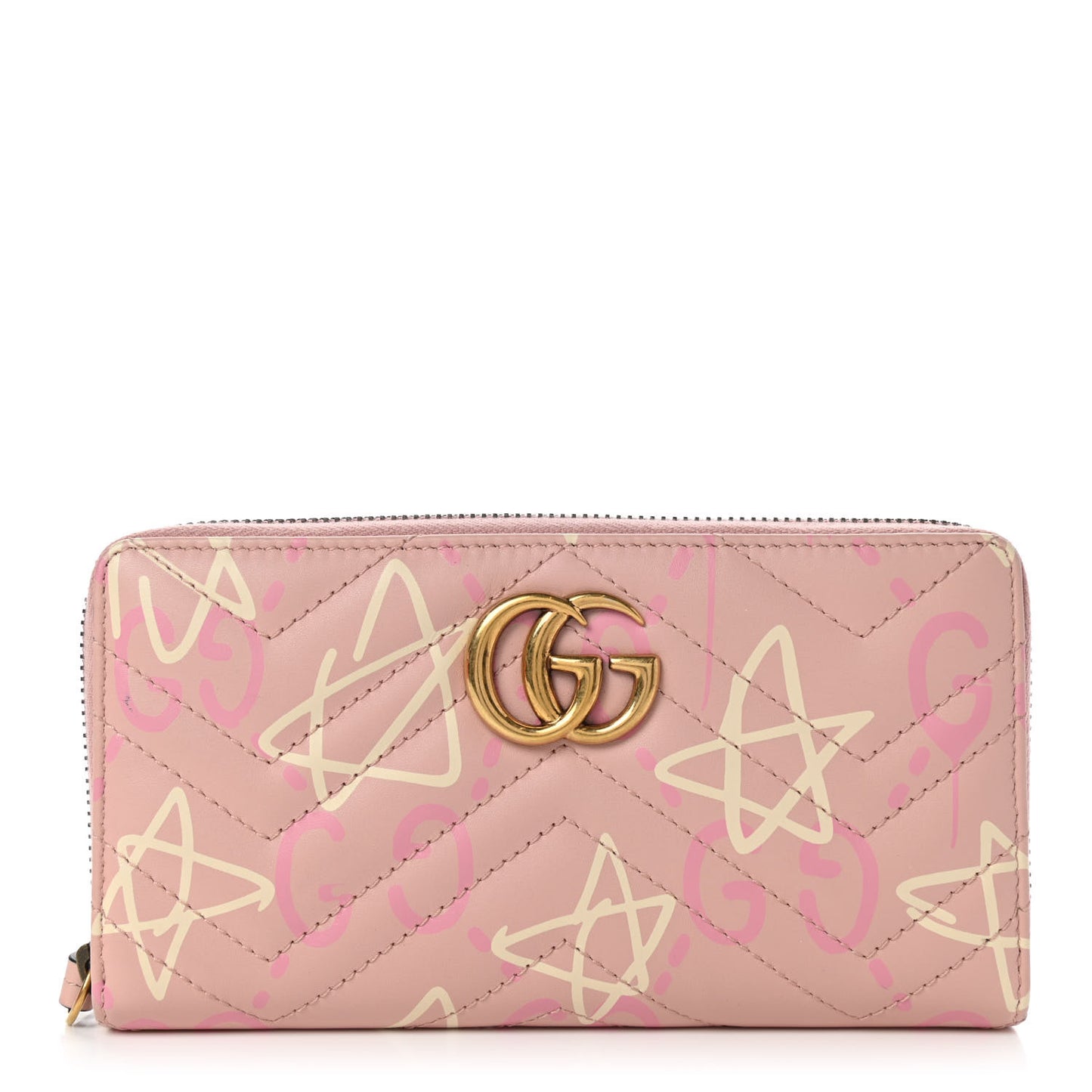 Calfskin Matelasse GucciGhost GG Marmont Zip Around Wallet Perfect Pink Rosa Ivory