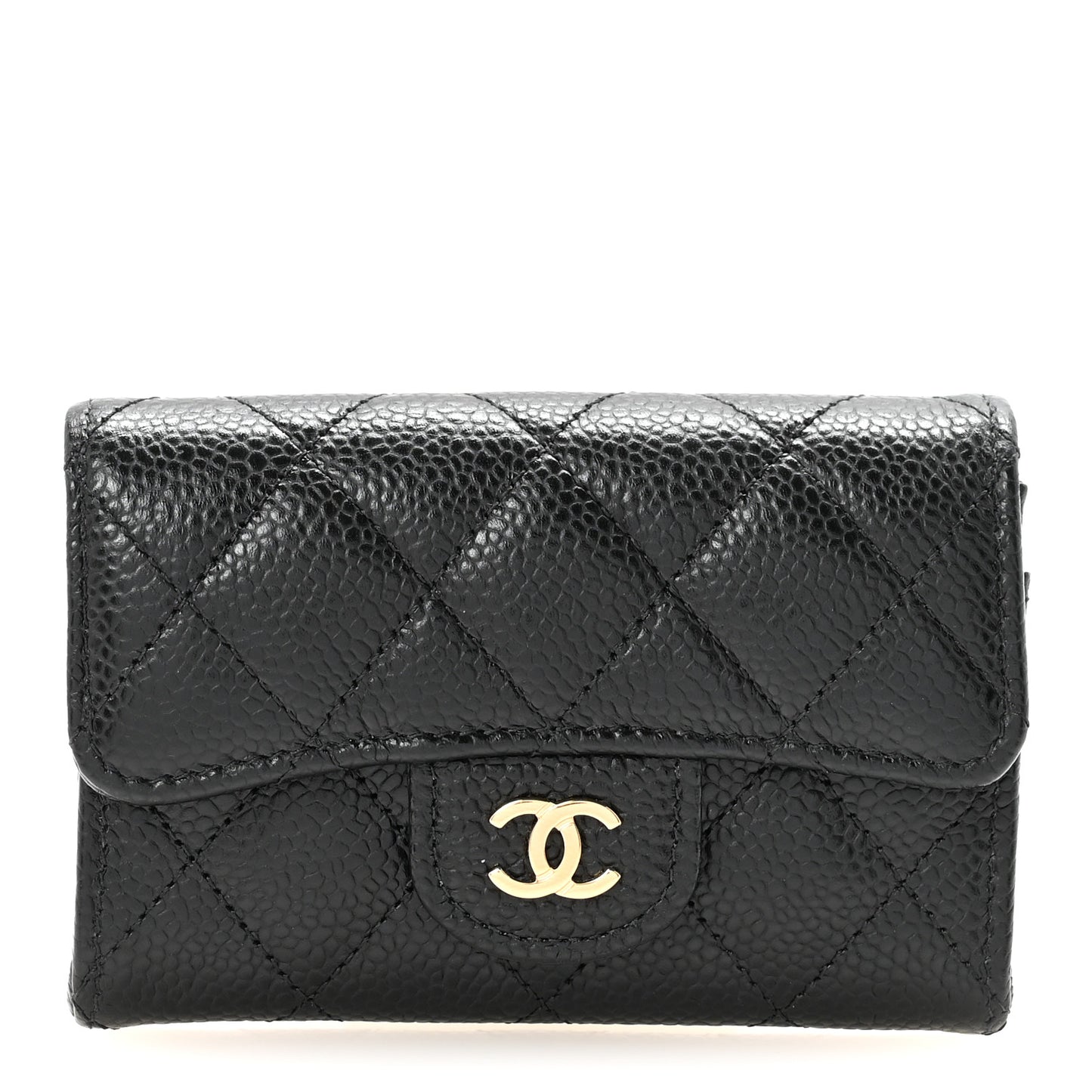 Caviar Quilted Flap Card Holder Wallet Black